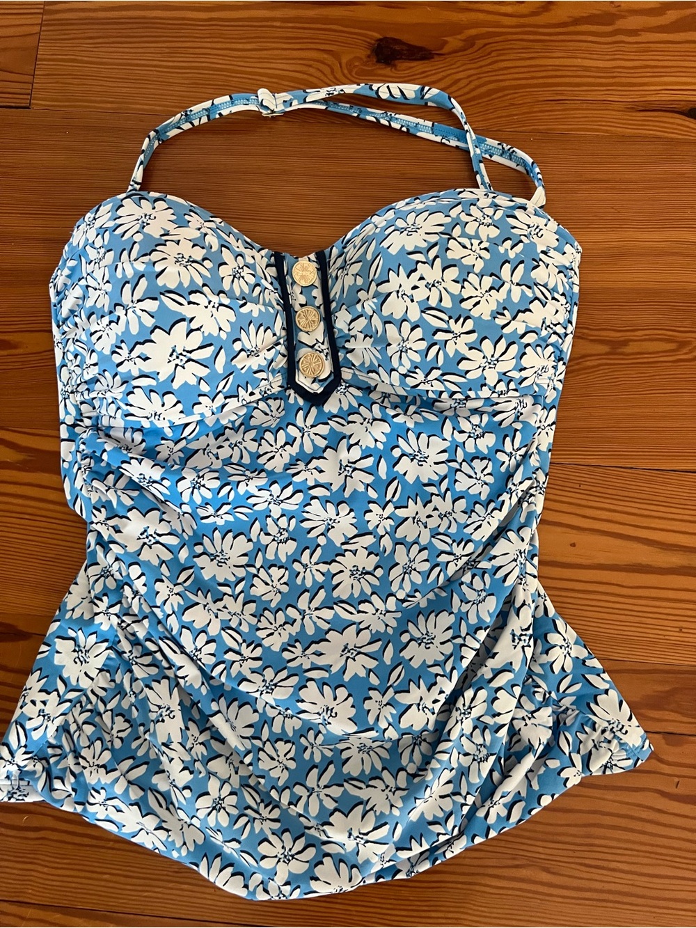 Lilly Pulitzer Blue Floral Bandeau Tankini Top with Adjustable Halter Strap Sz 6